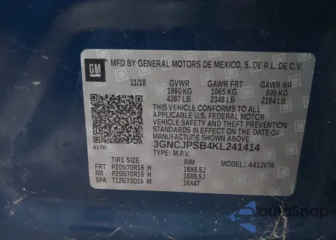 2019 Chevrolet Trax Lt z USA, uszkodzony, nr VIN 3GNCJPSB4KL241414